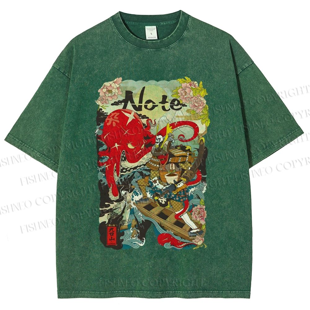 Unisex Vintage Japanese Octopus Graffiti Printed Washed Tee