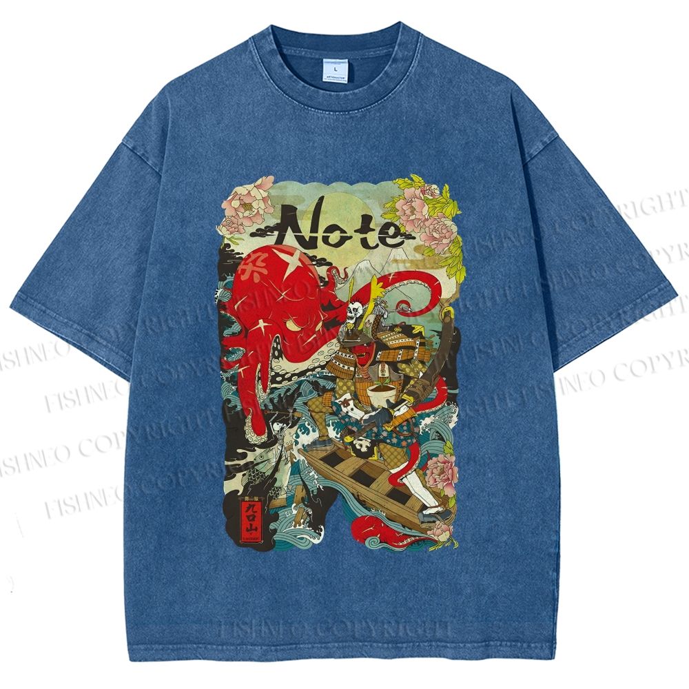 Unisex Vintage Japanese Octopus Graffiti Printed Washed Tee