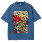 Unisex Vintage Japanese Octopus Graffiti Printed Washed Tee