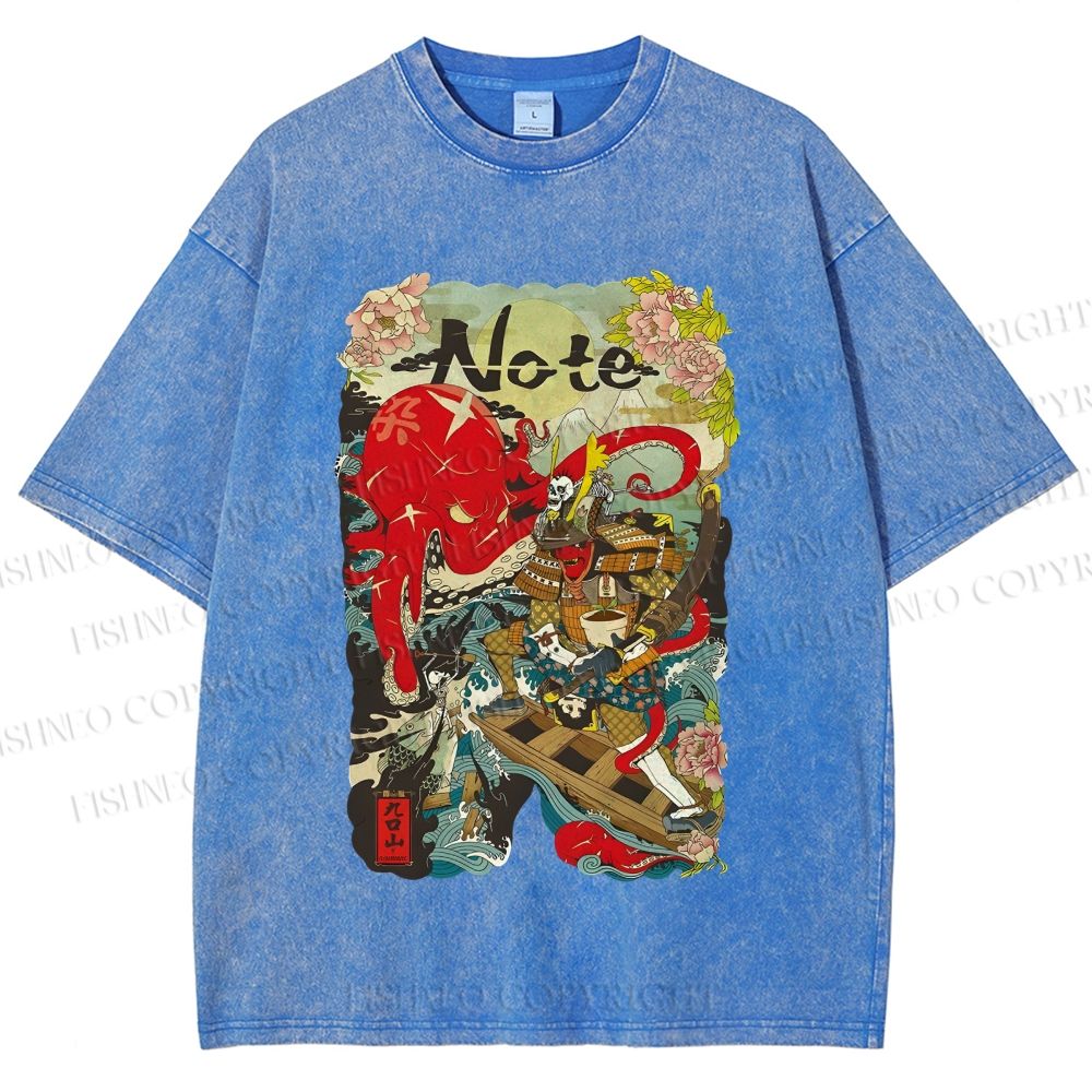 Unisex Vintage Japanese Octopus Graffiti Printed Washed Tee