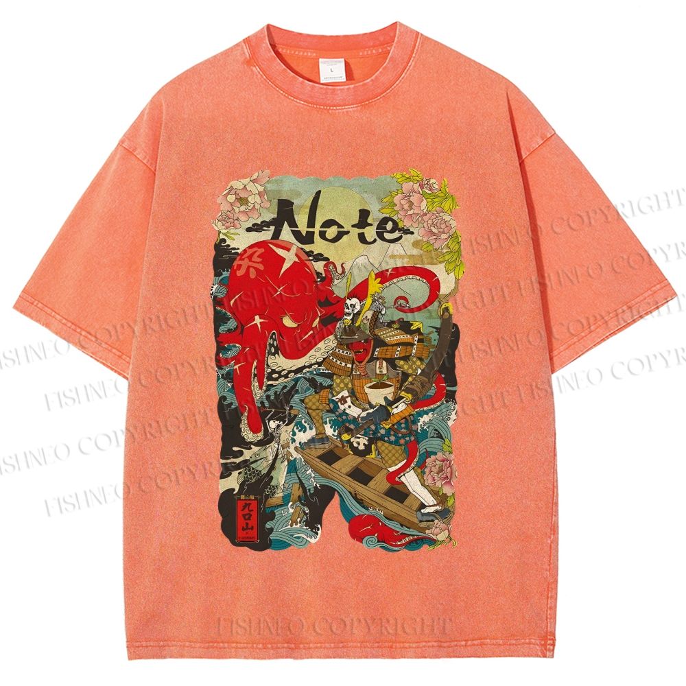 Unisex Vintage Japanese Octopus Graffiti Printed Washed Tee