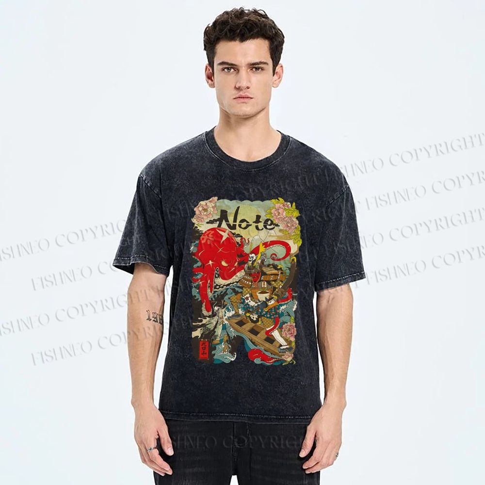 Unisex Vintage Japanese Octopus Graffiti Printed Washed Tee