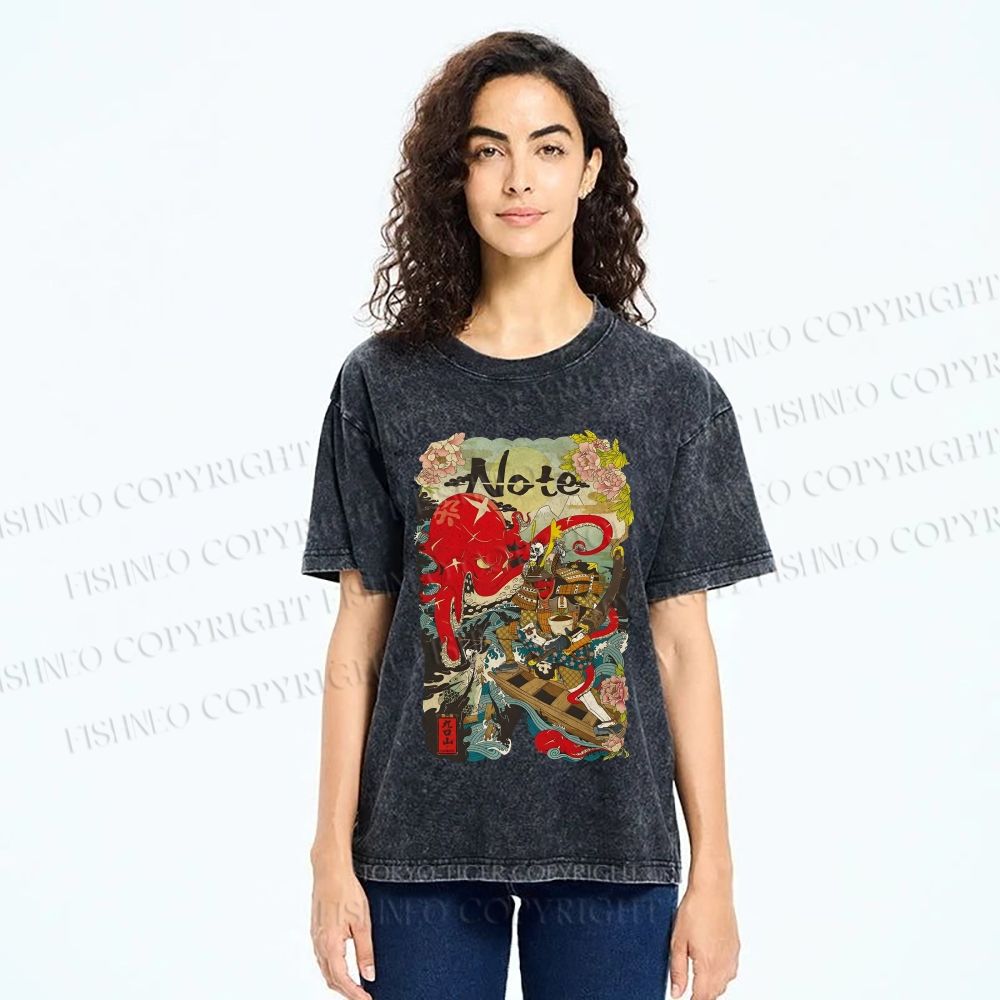 Unisex Vintage Japanese Octopus Graffiti Printed Washed Tee