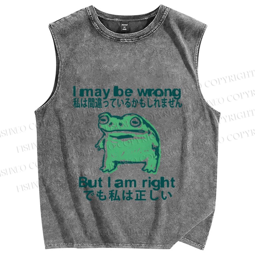 Unisex I maybe wrong But I am Right Japanese Silly Frog Printed Washed Tank Top