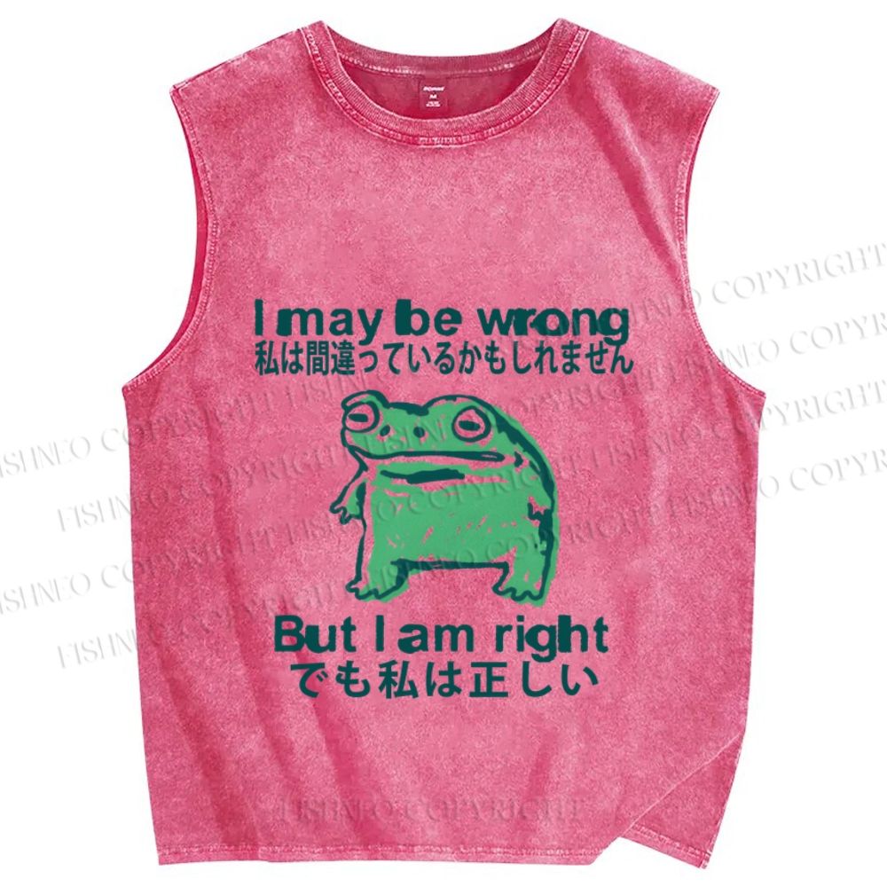 Unisex I maybe wrong But I am Right Japanese Silly Frog Printed Washed Tank Top