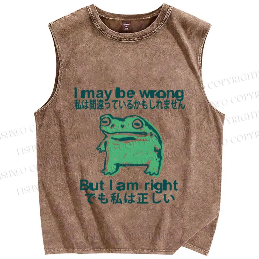 Unisex I maybe wrong But I am Right Japanese Silly Frog Printed Washed Tank Top