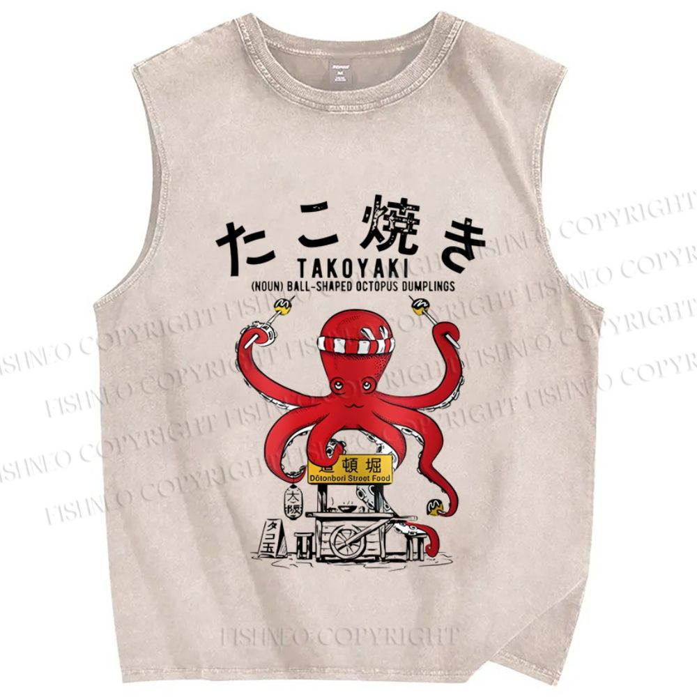 Unisex Vintage Japanese Octopus Printed Washed Tank Top