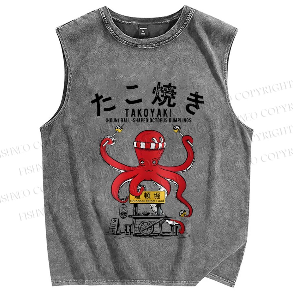 Unisex Vintage Japanese Octopus Printed Washed Tank Top