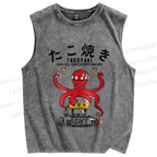 Unisex Vintage Japanese Octopus Printed Washed Tank Top