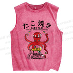 Unisex Vintage Japanese Octopus Printed Washed Tank Top