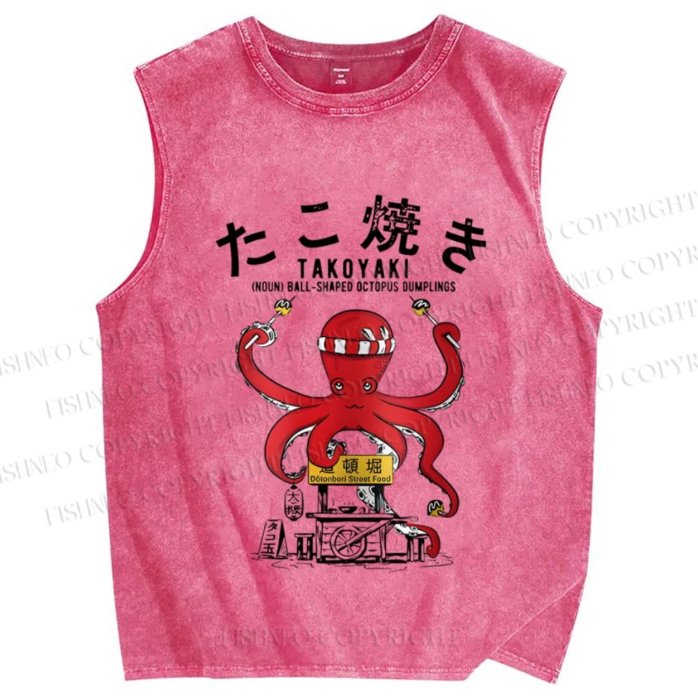 Unisex Vintage Japanese Octopus Printed Washed Tank Top