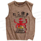 Unisex Vintage Japanese Octopus Printed Washed Tank Top