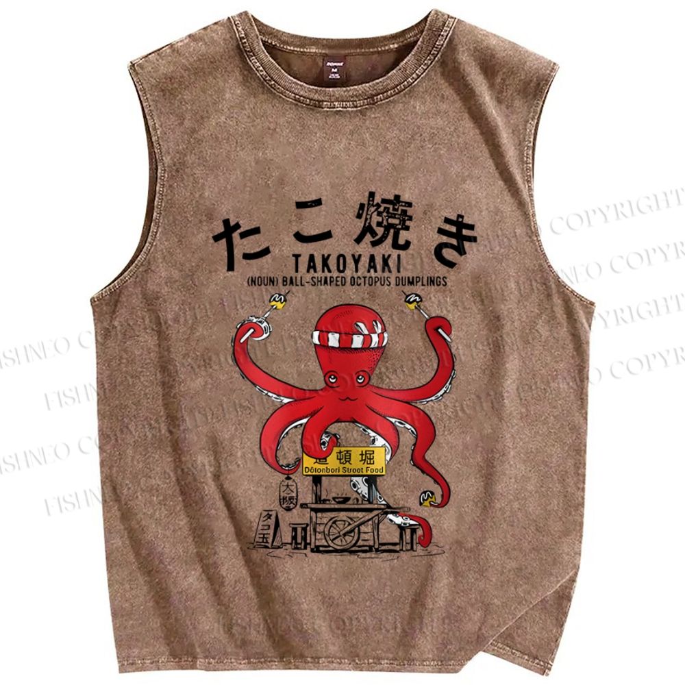 Unisex Vintage Japanese Octopus Printed Washed Tank Top