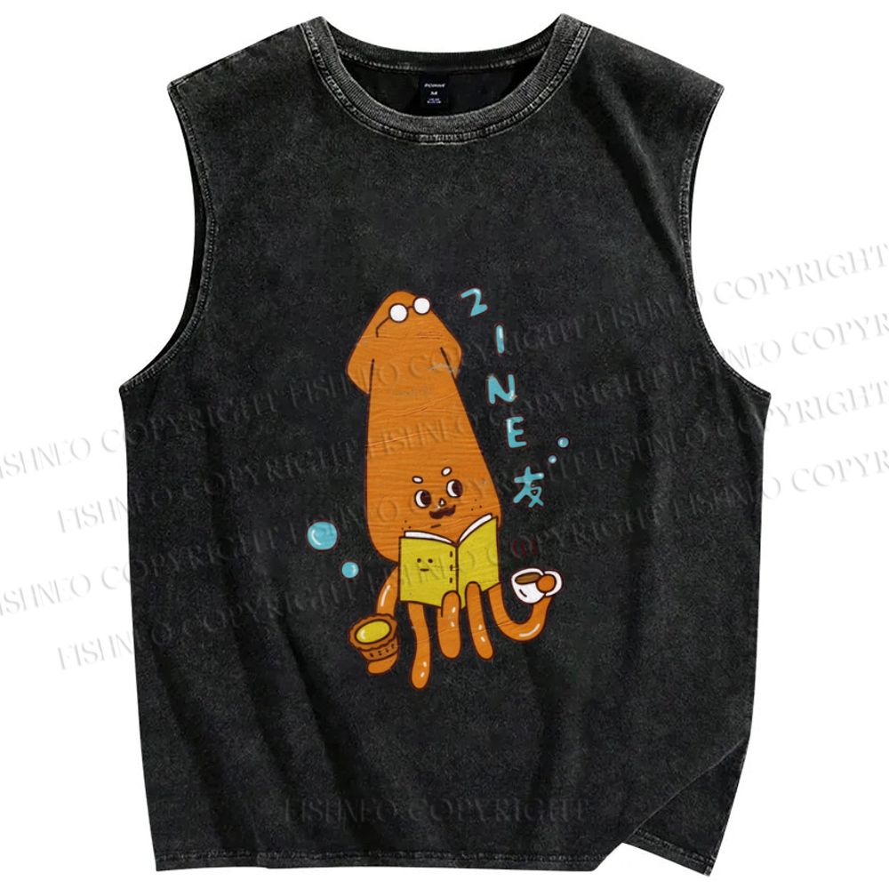 Unisex Japanese Cute Octopus Printed Washed Tank Top