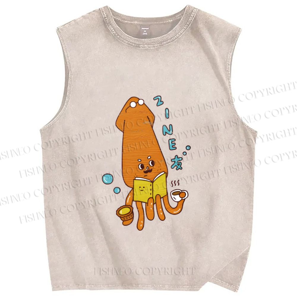 Unisex Japanese Cute Octopus Printed Washed Tank Top