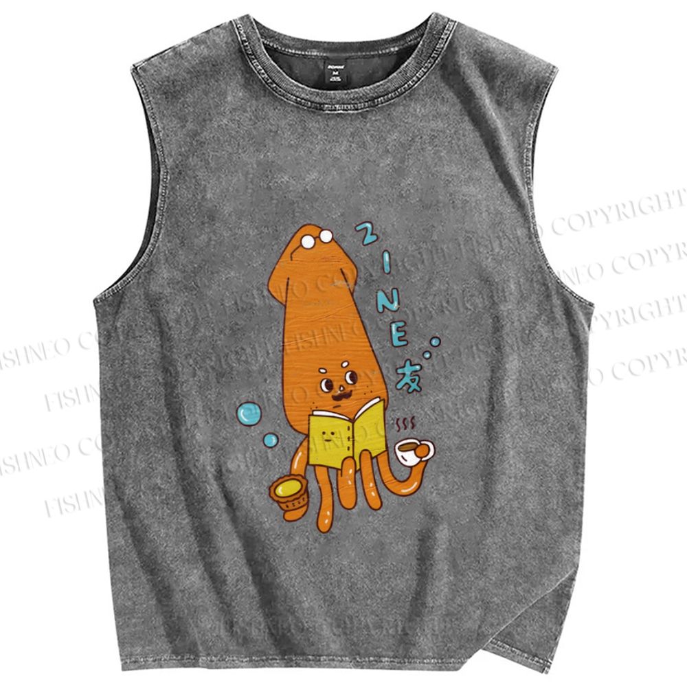 Unisex Japanese Cute Octopus Printed Washed Tank Top