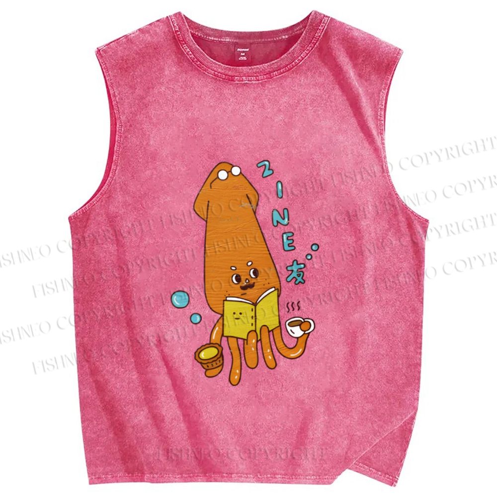 Unisex Japanese Cute Octopus Printed Washed Tank Top