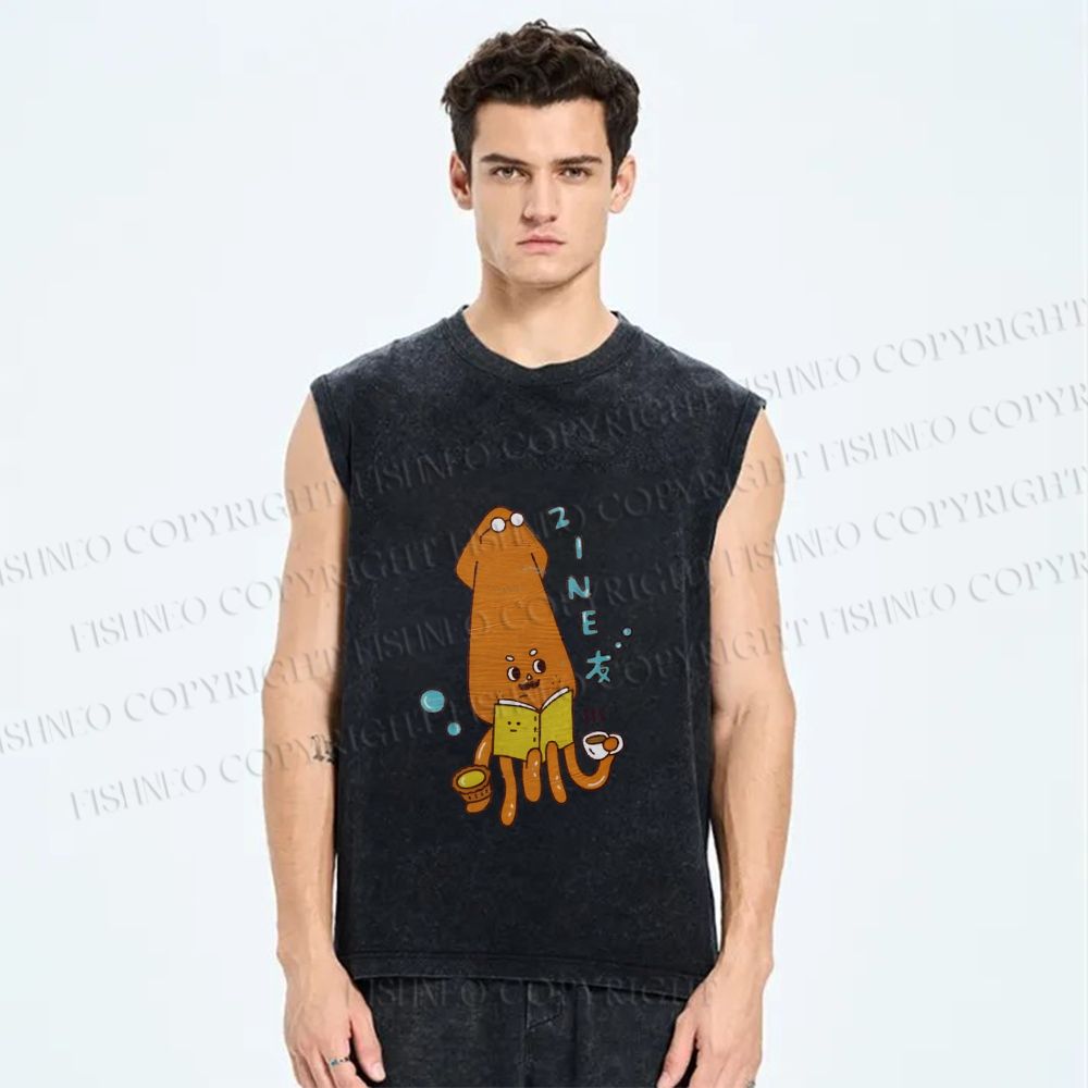 Unisex Japanese Cute Octopus Printed Washed Tank Top