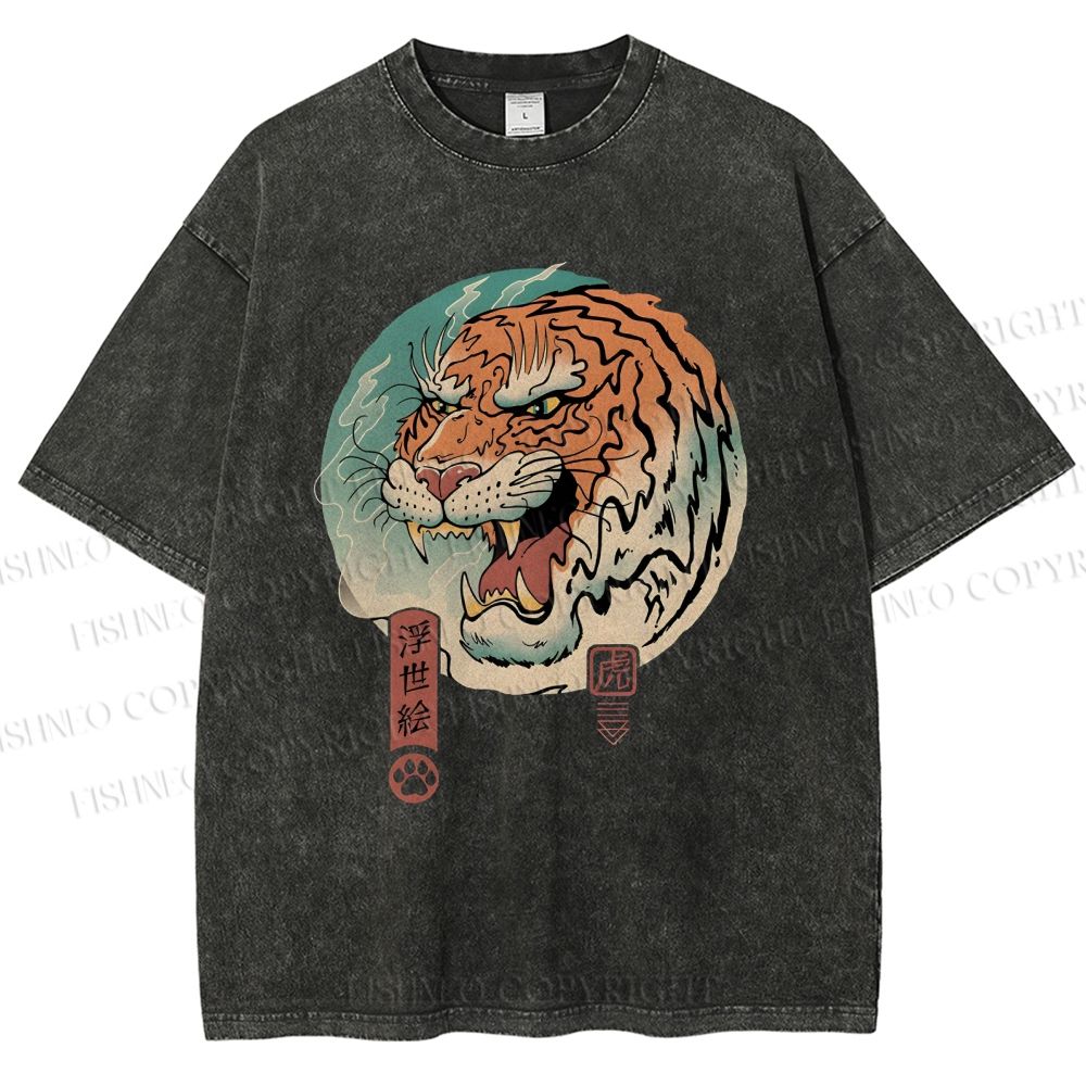 Unisex Ukiyo-e Tiger Printed Washed Tee