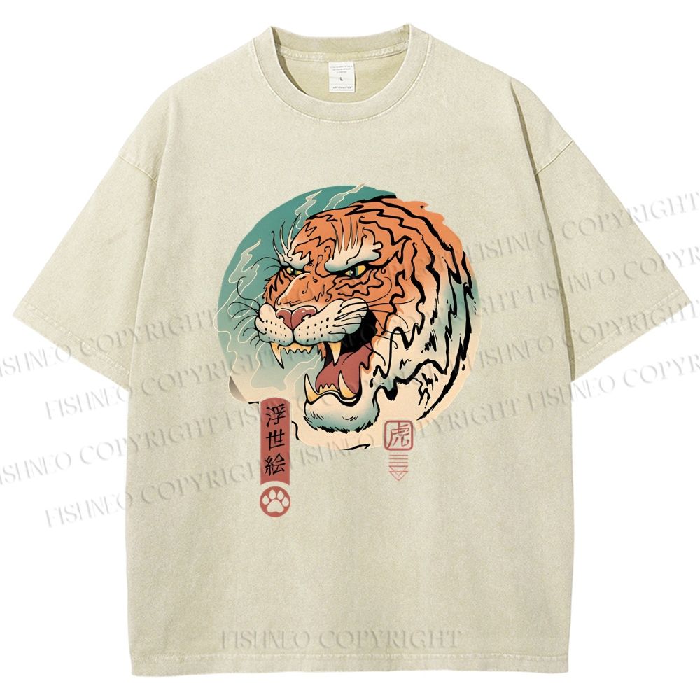 Unisex Ukiyo-e Tiger Printed Washed Tee