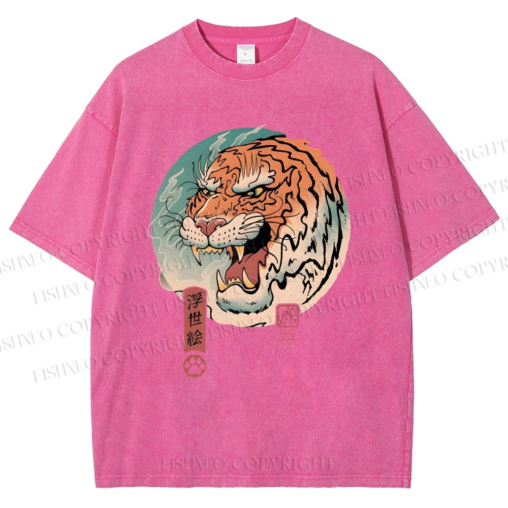 Unisex Ukiyo-e Tiger Printed Washed Tee
