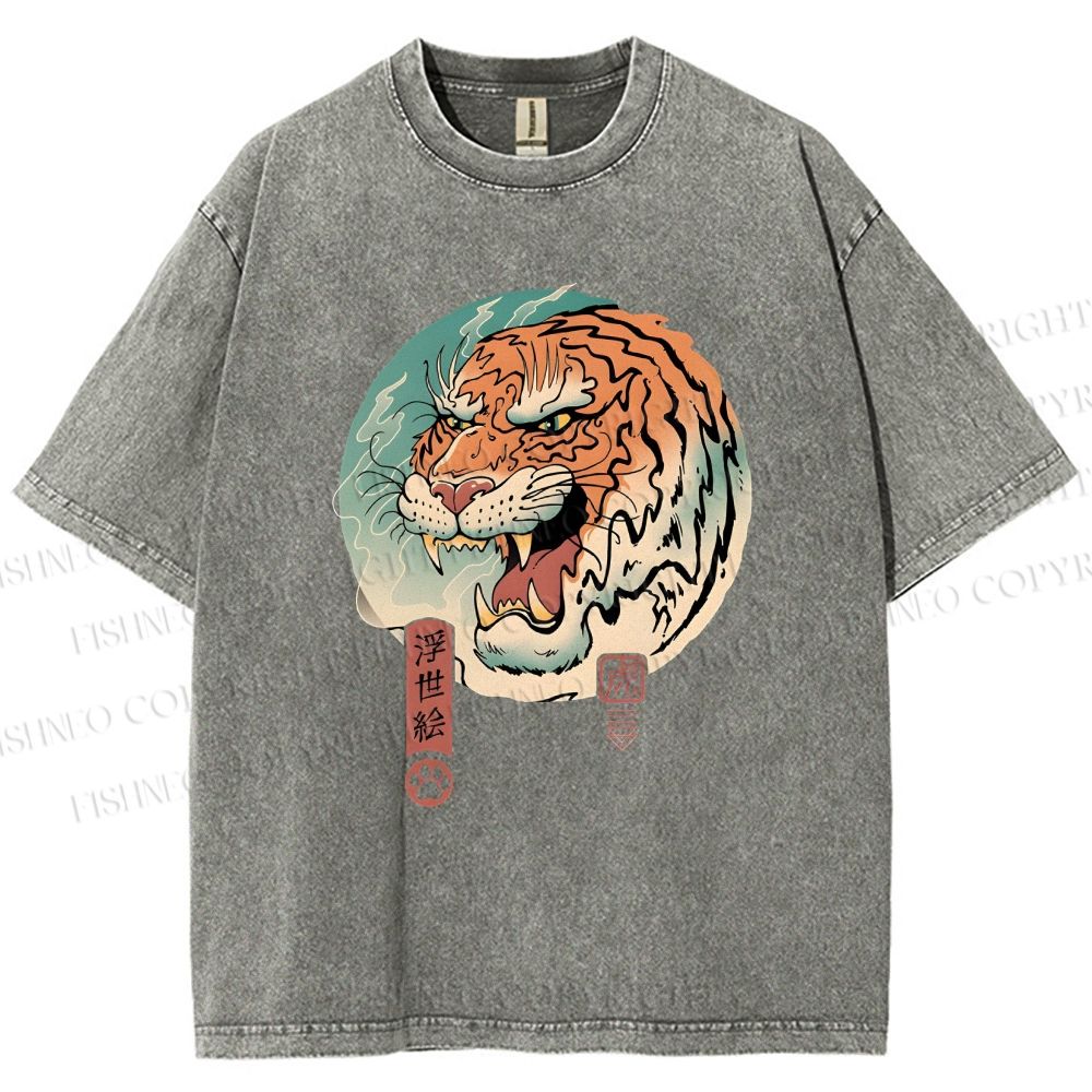 Unisex Ukiyo-e Tiger Printed Washed Tee