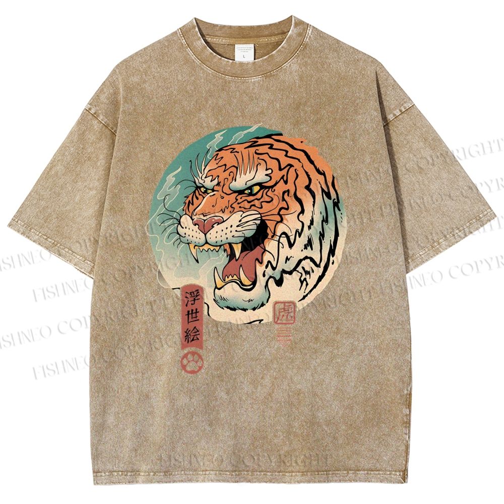 Unisex Ukiyo-e Tiger Printed Washed Tee
