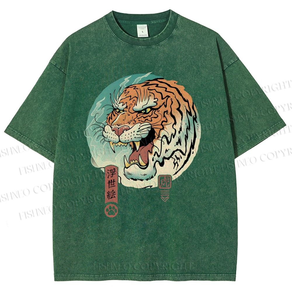 Unisex Ukiyo-e Tiger Printed Washed Tee