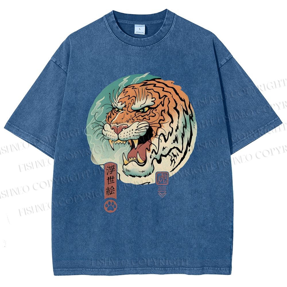 Unisex Ukiyo-e Tiger Printed Washed Tee