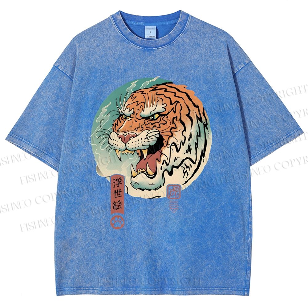Unisex Ukiyo-e Tiger Printed Washed Tee