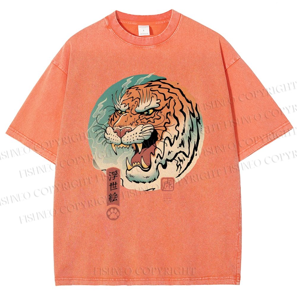 Unisex Ukiyo-e Tiger Printed Washed Tee