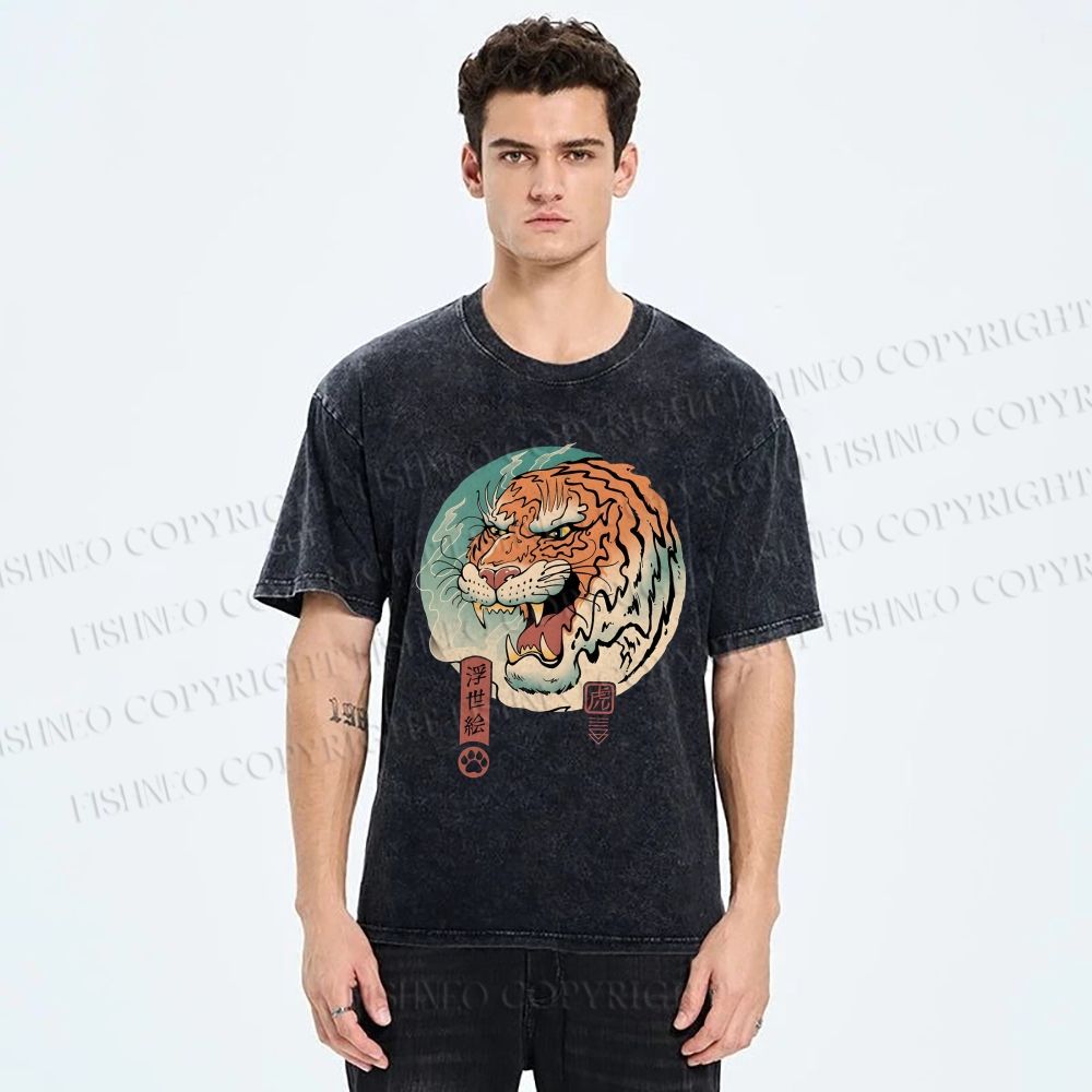 Unisex Ukiyo-e Tiger Printed Washed Tee