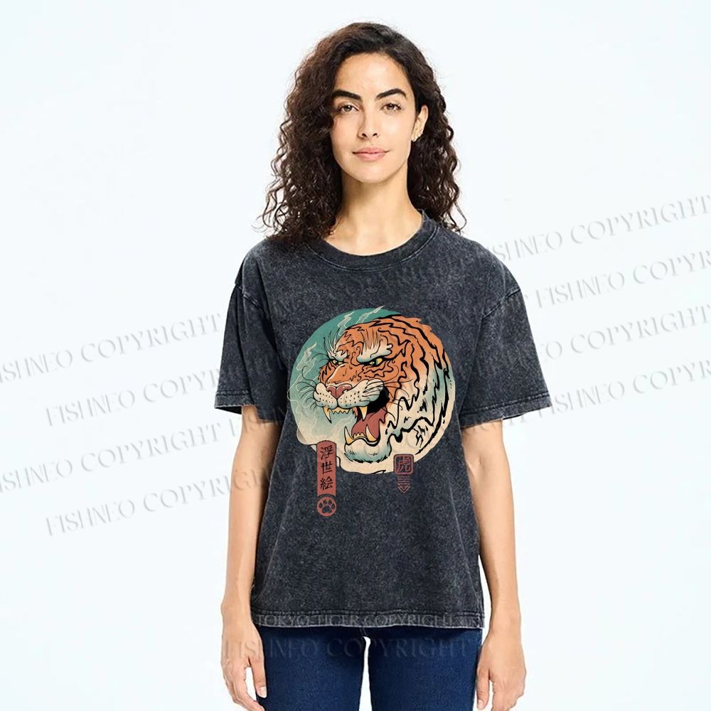 Unisex Ukiyo-e Tiger Printed Washed Tee