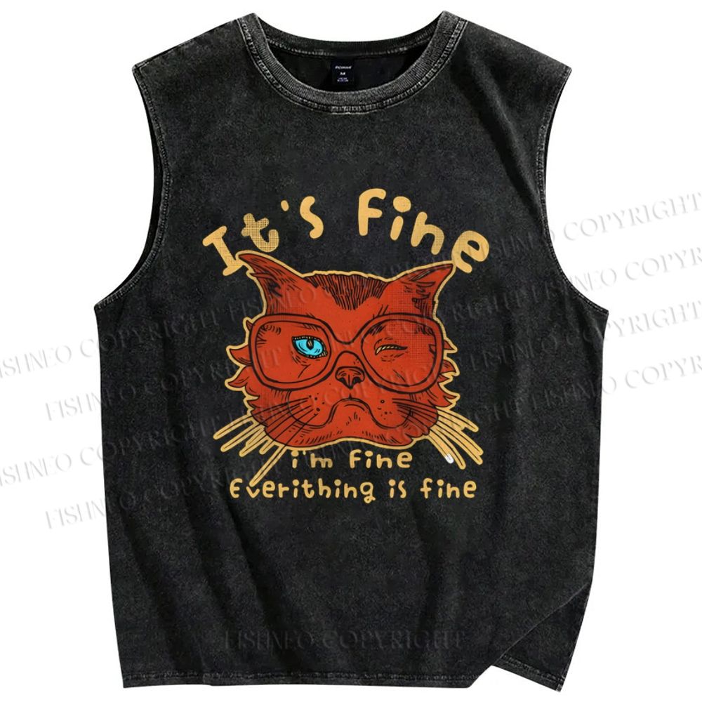 Unisex It's Fine Cat Printed Washed Tank Top