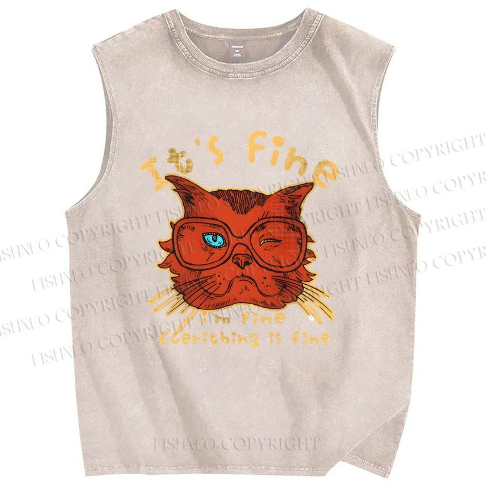 Unisex It's Fine Cat Printed Washed Tank Top