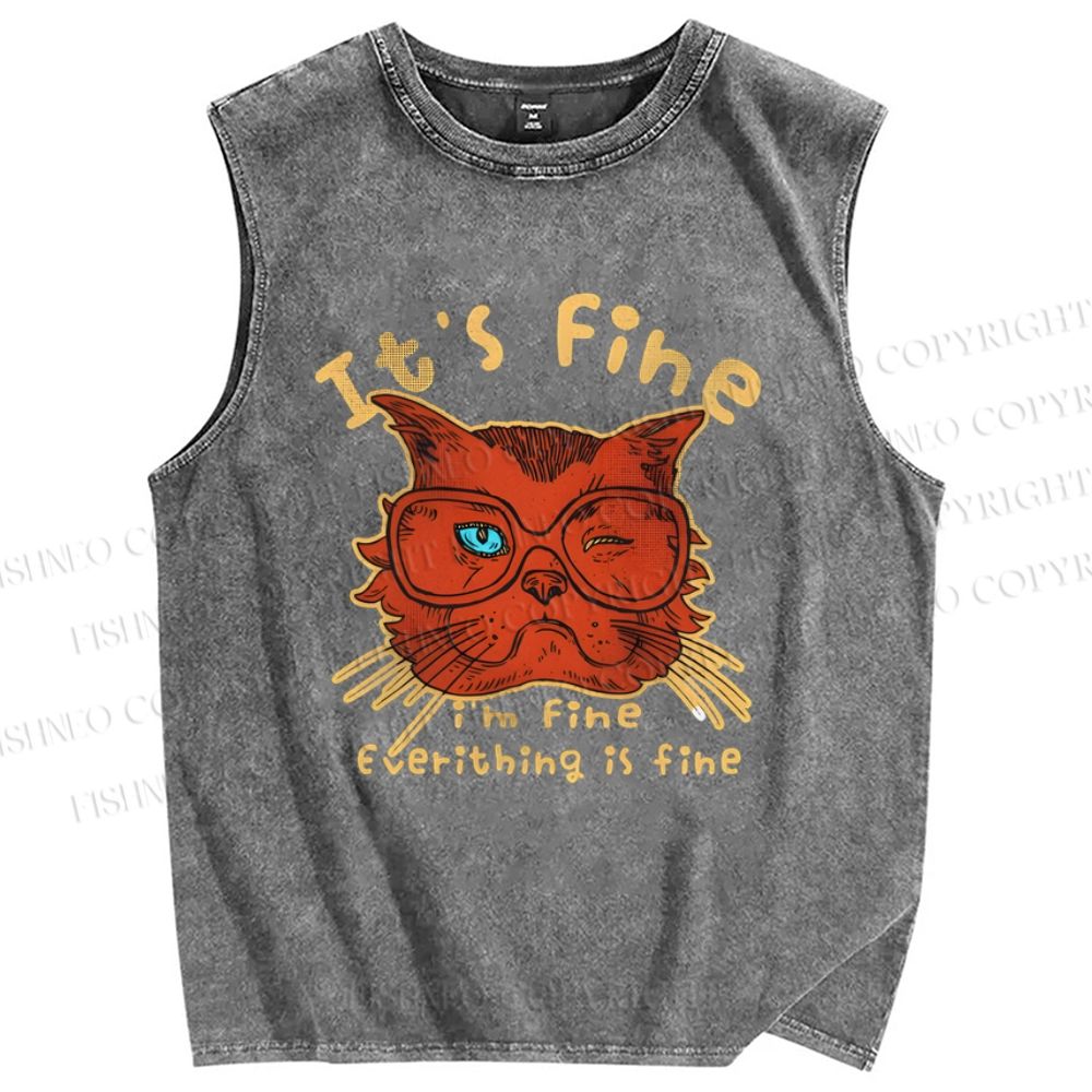 Unisex It's Fine Cat Printed Washed Tank Top