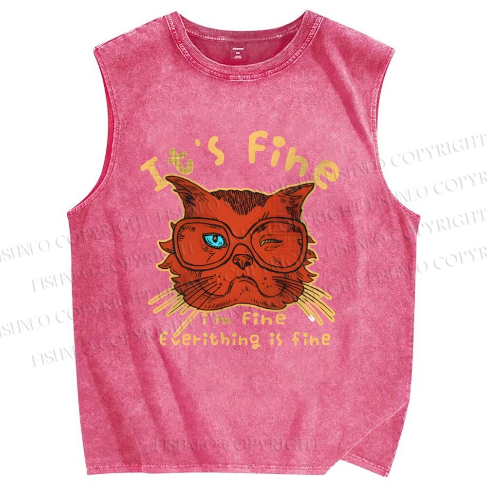 Unisex It's Fine Cat Printed Washed Tank Top