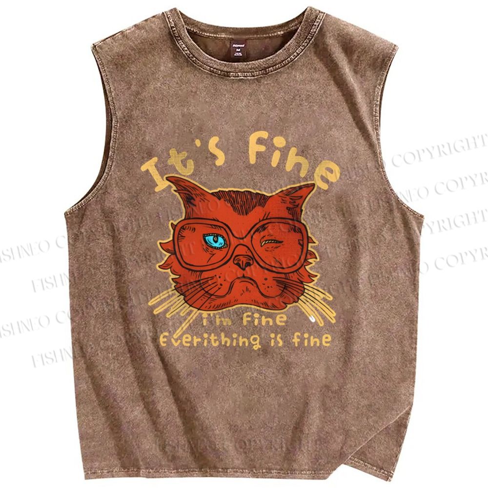 Unisex It's Fine Cat Printed Washed Tank Top