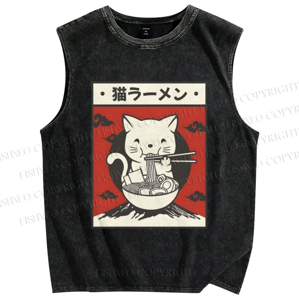 Unisex Cat Ramen Printed Washed Tank Top