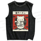 Unisex Cat Ramen Printed Washed Tank Top