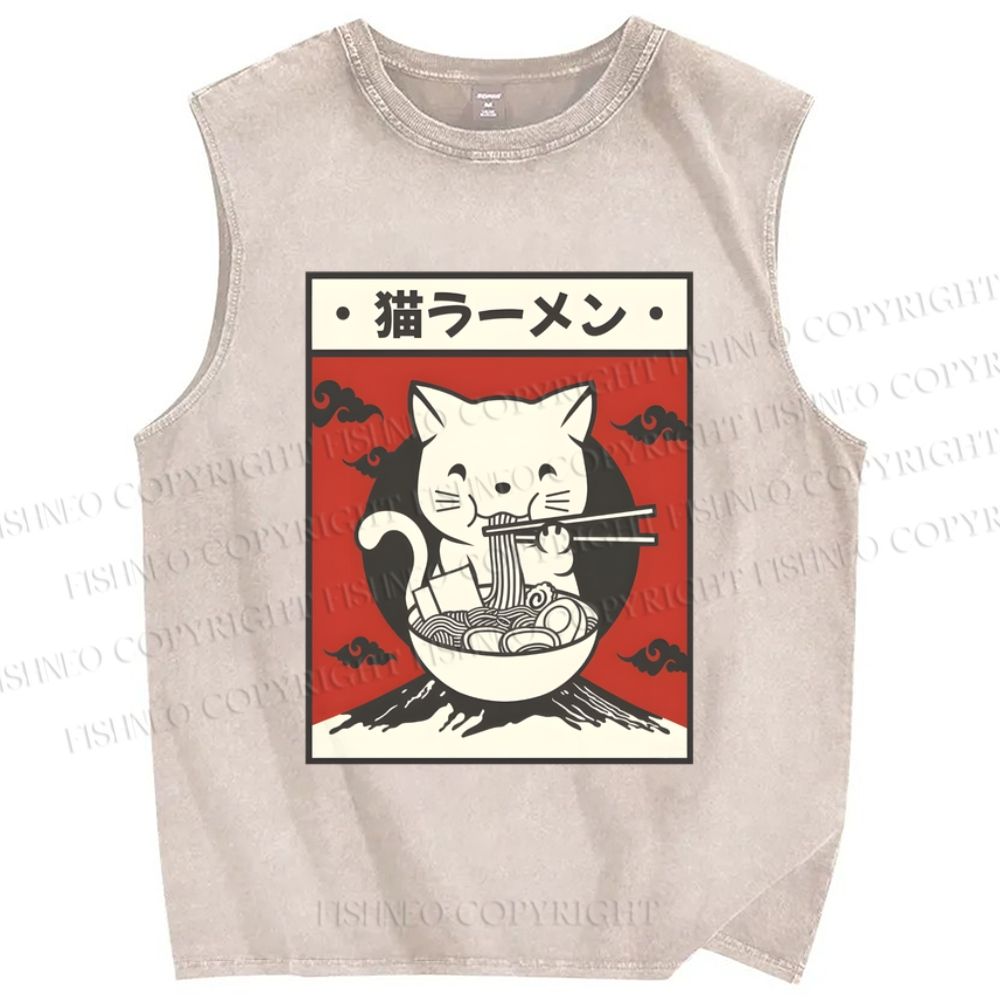 Unisex Cat Ramen Printed Washed Tank Top