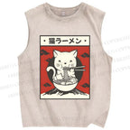 Unisex Cat Ramen Printed Washed Tank Top