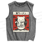 Unisex Cat Ramen Printed Washed Tank Top
