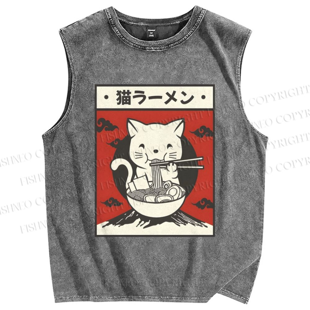 Unisex Cat Ramen Printed Washed Tank Top