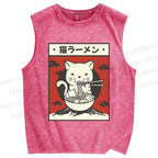 Unisex Cat Ramen Printed Washed Tank Top