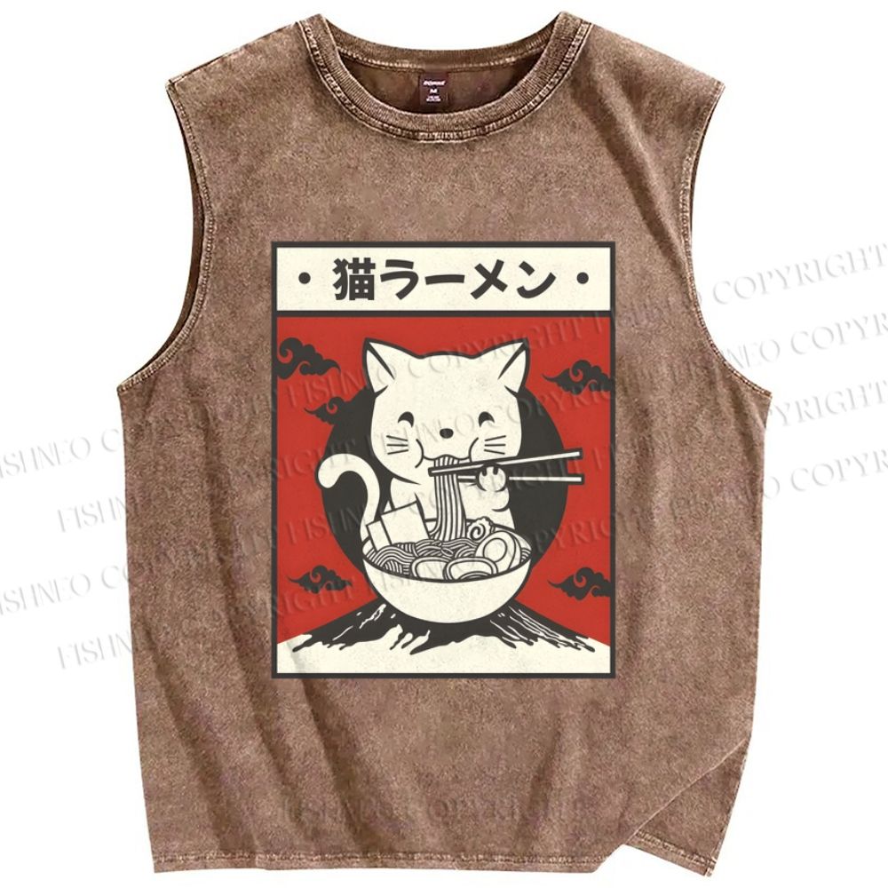 Unisex Cat Ramen Printed Washed Tank Top