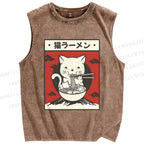 Unisex Cat Ramen Printed Washed Tank Top