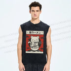 Unisex Cat Ramen Printed Washed Tank Top