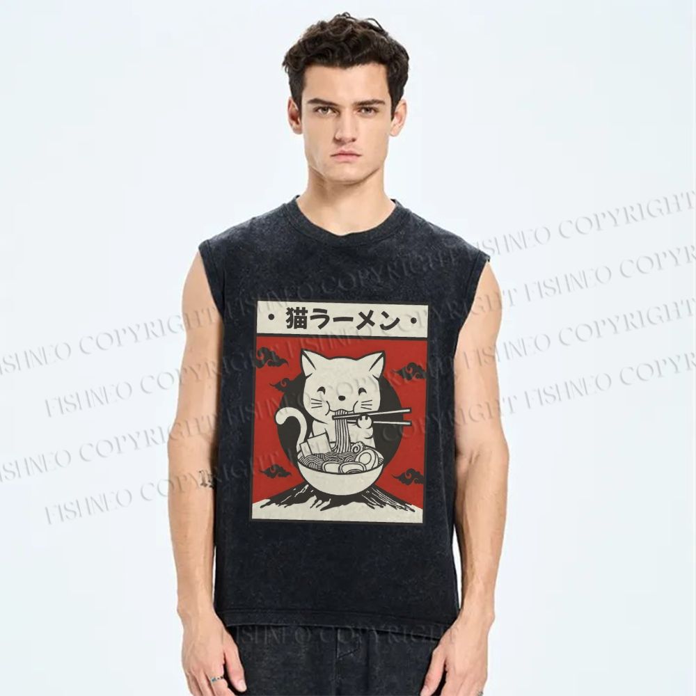 Unisex Cat Ramen Printed Washed Tank Top