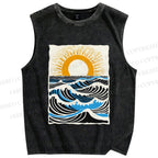 Unisex Ocean Waves And Sunrise Printed Washed Tank Top